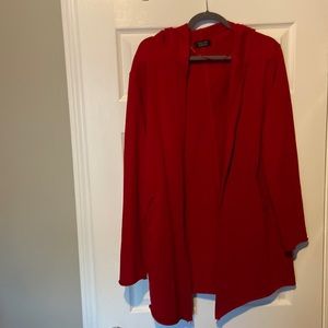 Zara’s lightweight red long sleeve hooded cardigan